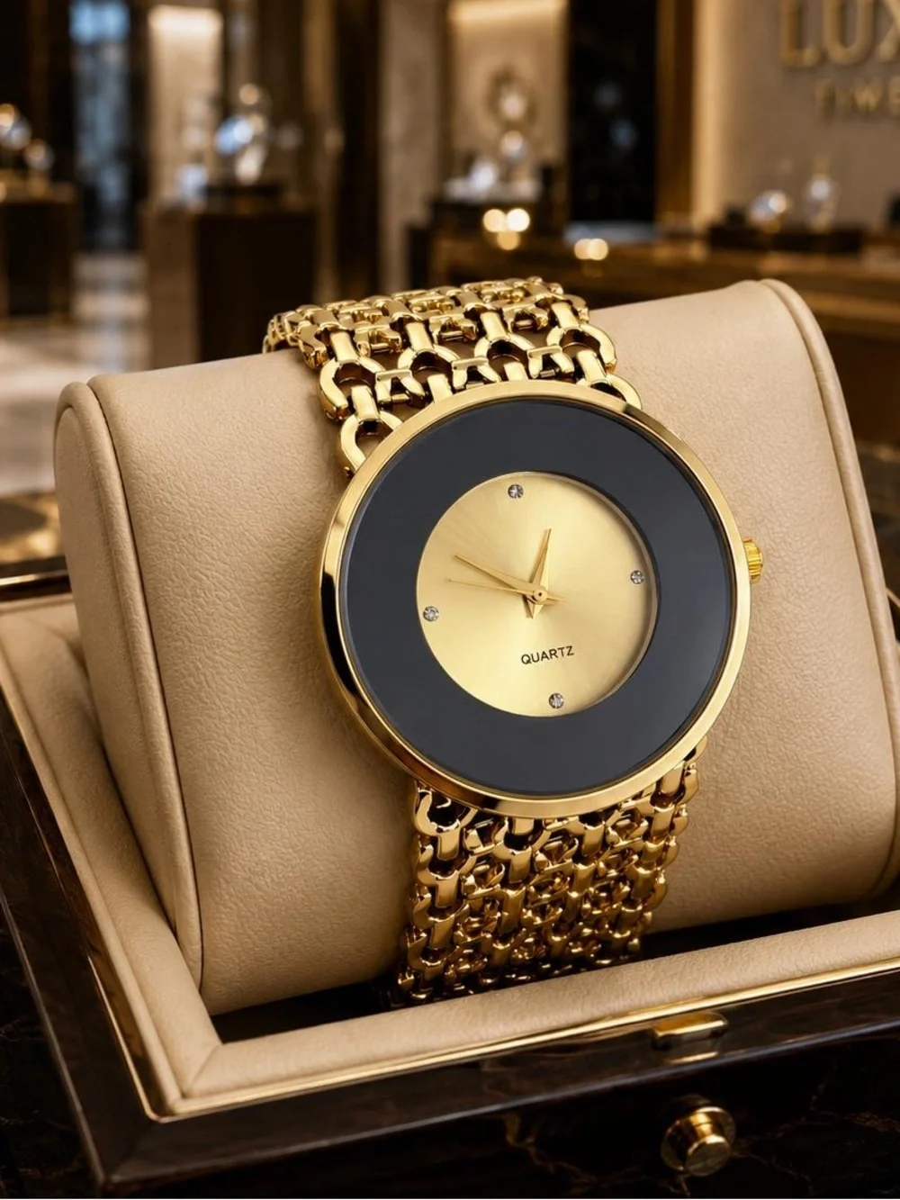 Anthropologie Gold and Black Linked Bracelet Watch